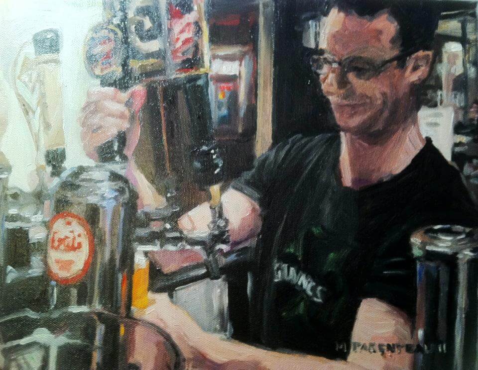 Man Pouring Beer Oil on Canvas 11x14 